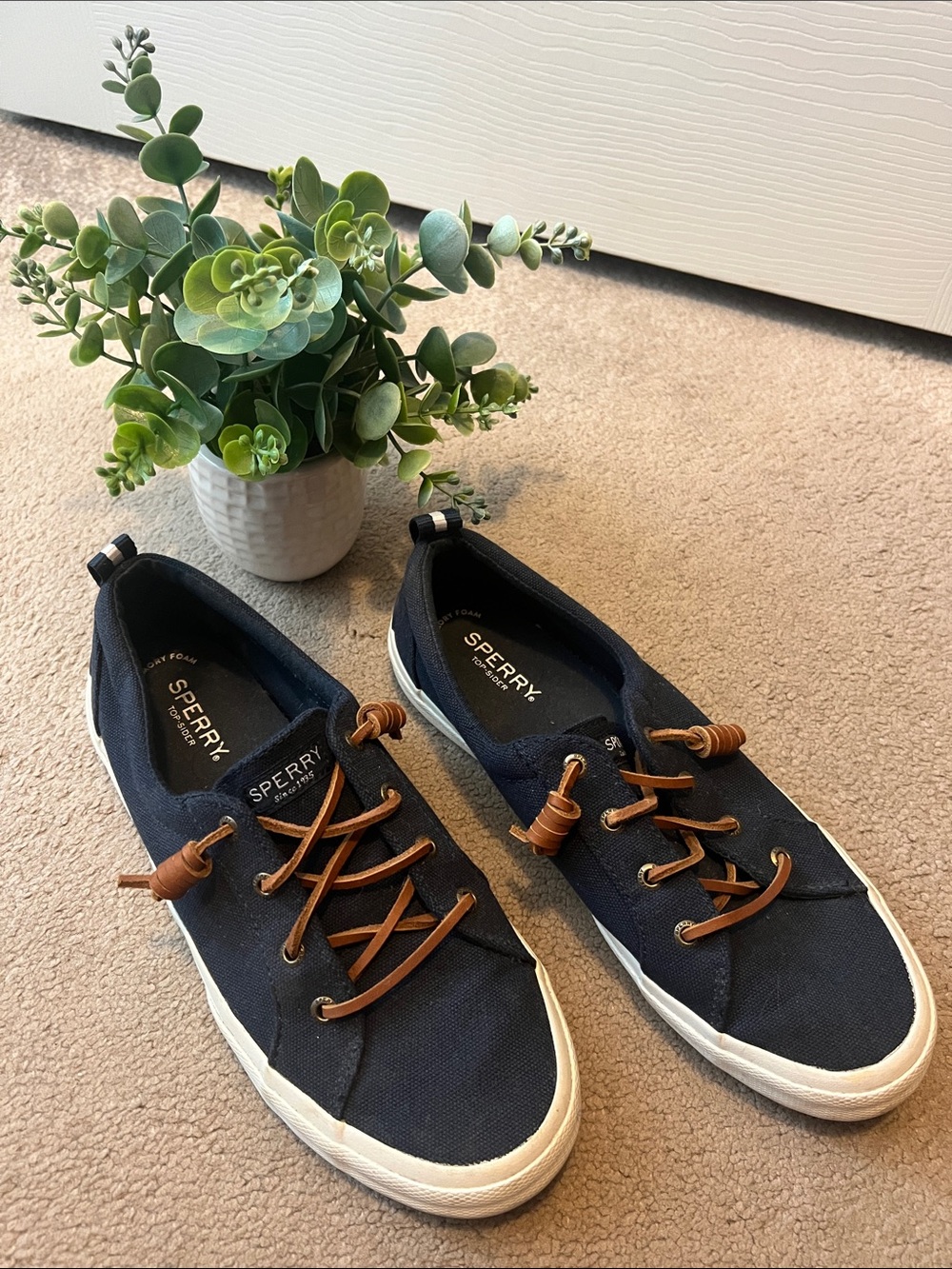 Sperry women’s Navy Canvas Boat Sneakers with Brown Laces